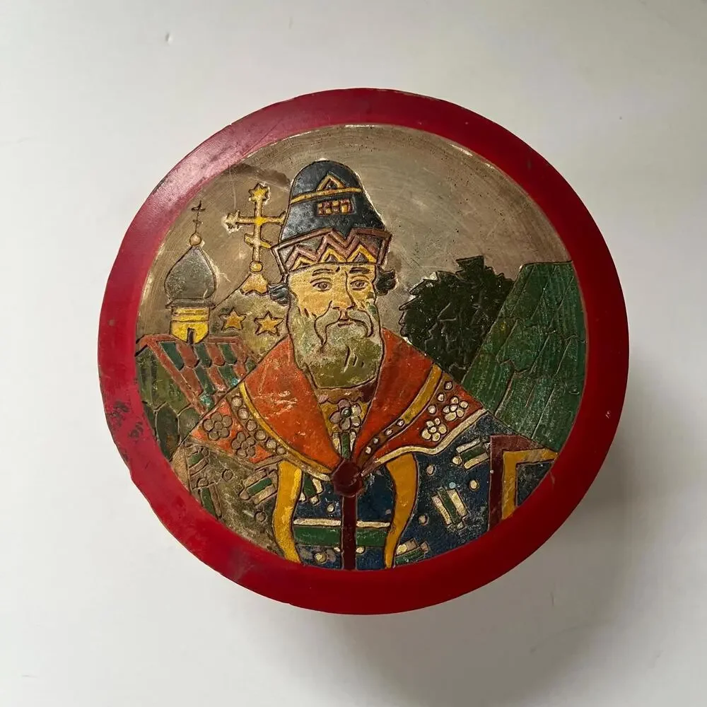 Vintage Red Painted Wooden Trinket Box with Carved Hand-Painted Portrait Lid